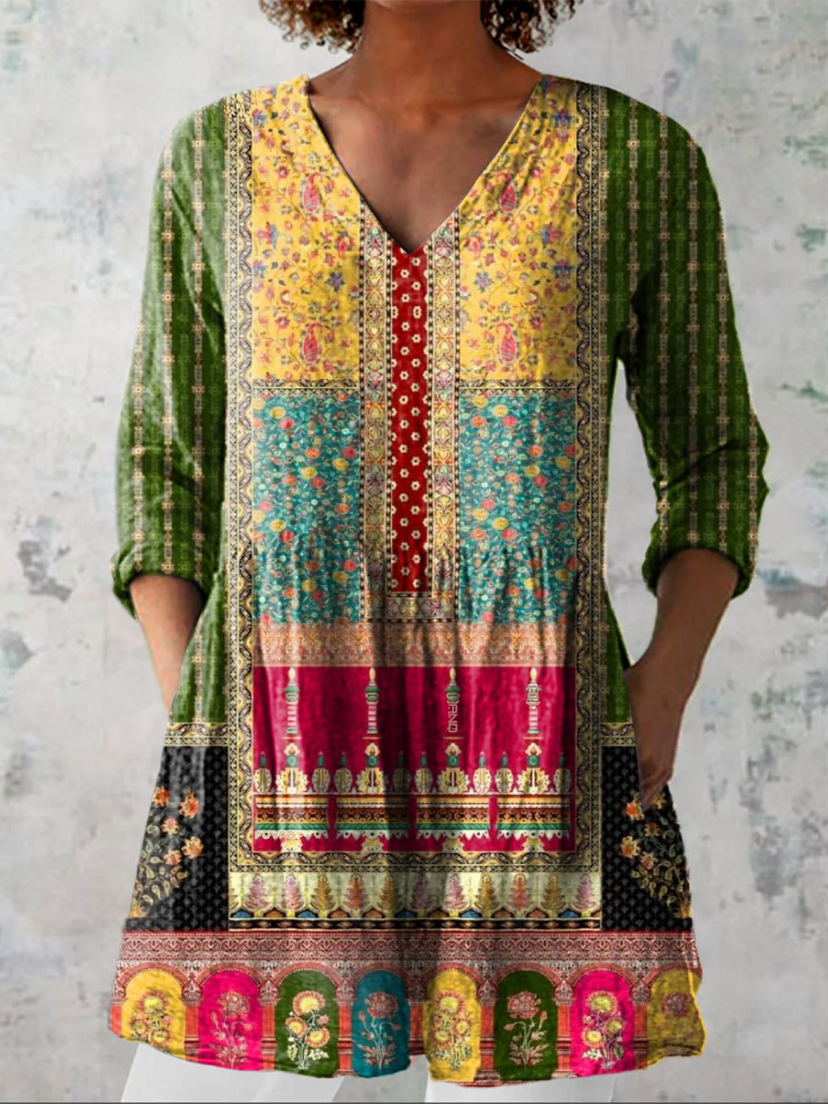 Emilie patchwork print V-neck blouse in Multicolour, front view