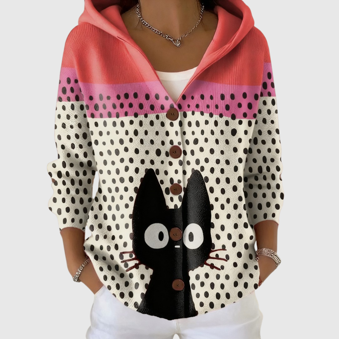 Theresa black cat and polka dot hooded cardigan, front view