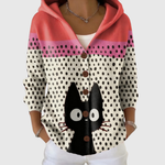 Theresa black cat and polka dot hooded cardigan, front view