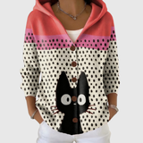 Theresa black cat and polka dot hooded cardigan, front view