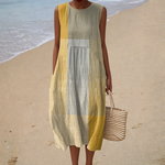 Comfortable Sleeveless Summer Dress, mustard and grey stripe, front view