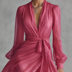 Pink chiffon V neck maxi dress, view 3