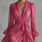 Pink chiffon V neck maxi dress, view 3