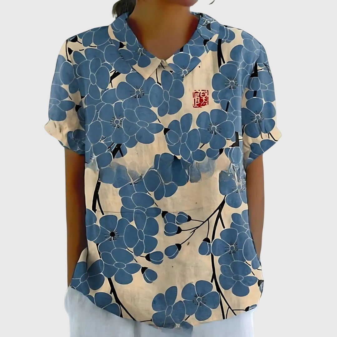 Jenna floral collared blouse in Blue Flowers, view 4