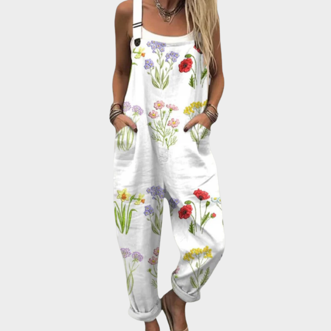 Wildflower print dungarees in White, front view