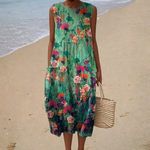 Comfortable Sleeveless Summer Dress, green meadow floral, front view