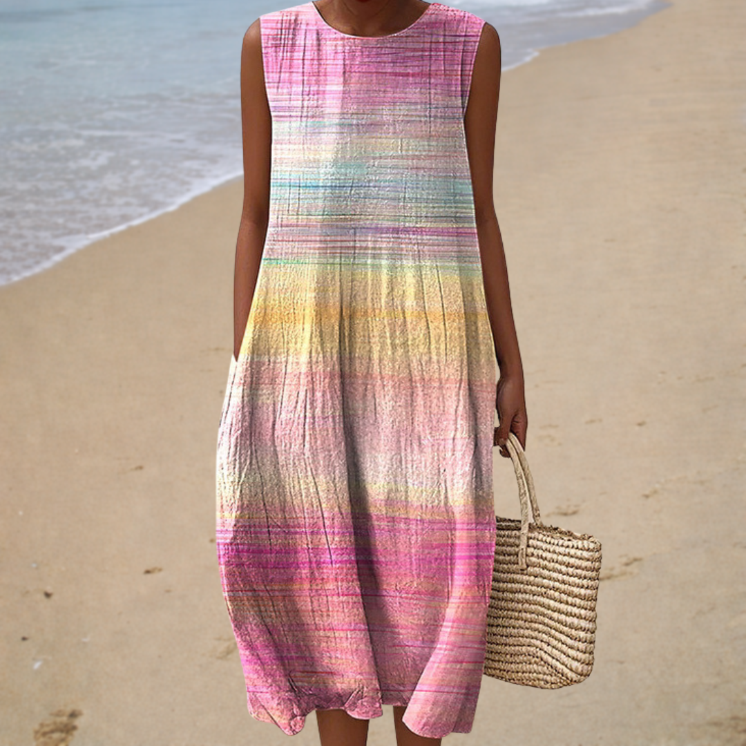 Comfortable Sleeveless Summer Dress, pink ombré stripe, front view