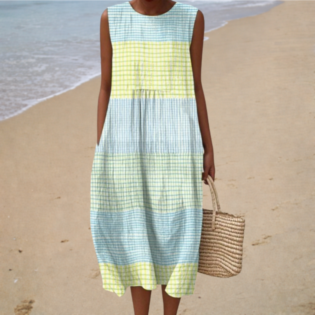 Comfortable Sleeveless Summer Dress, pastel gingham block print, front view