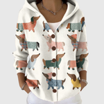 Lottie dachshund print hooded cardigan, front view