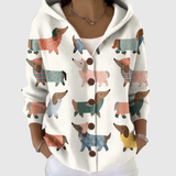 Lottie dachshund print hooded cardigan, front view