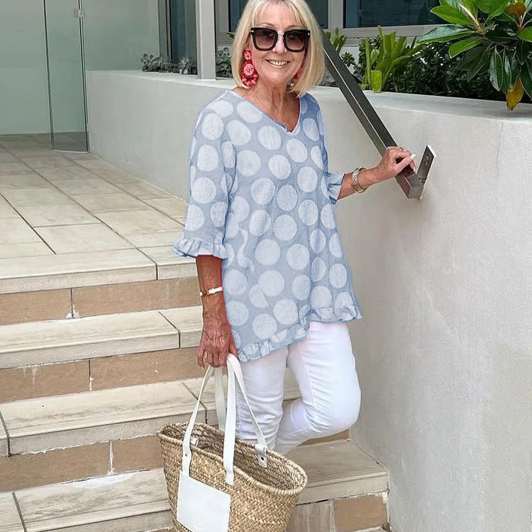 Denise polka dot V-neck ruffle blouse in Sky Blue, view 7