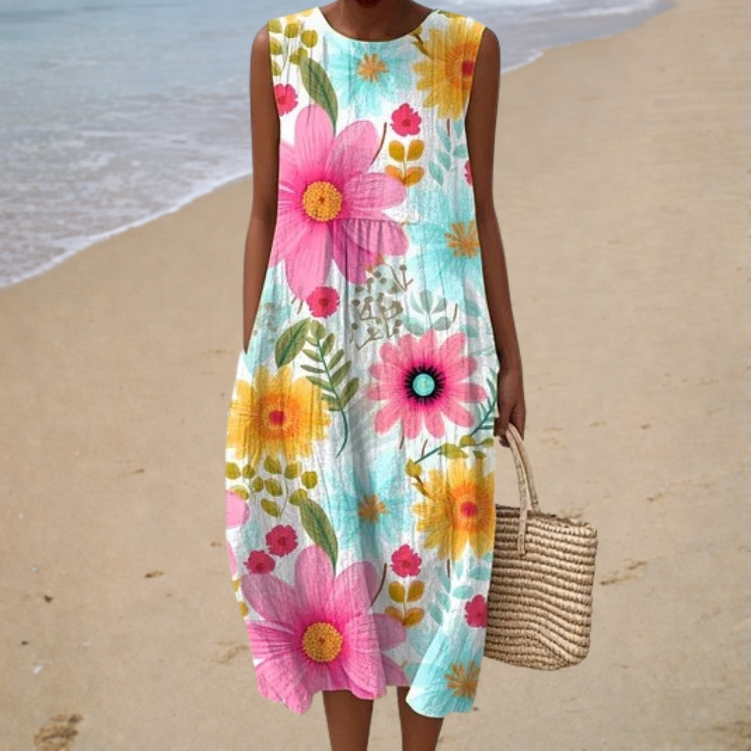 Comfortable Sleeveless Summer Dress, bright pink floral, front view