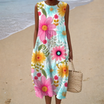 Comfortable Sleeveless Summer Dress, bright pink floral, front view