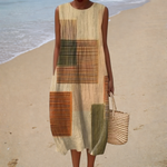 Comfortable Sleeveless Summer Dress, sand patchwork print, front view