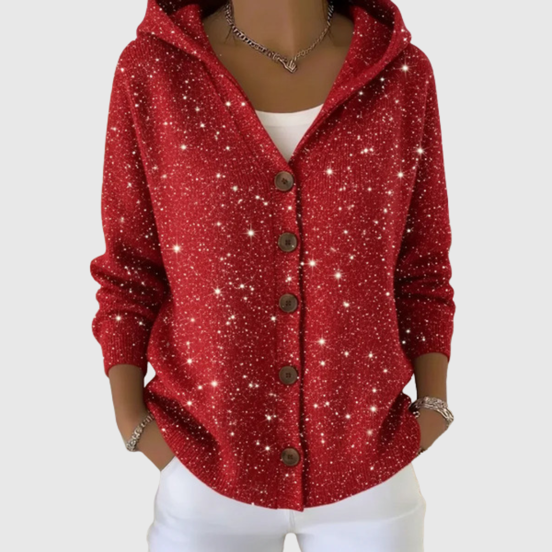 Mary red speckled hooded cardigan, front view