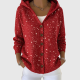 Mary red speckled hooded cardigan, front view