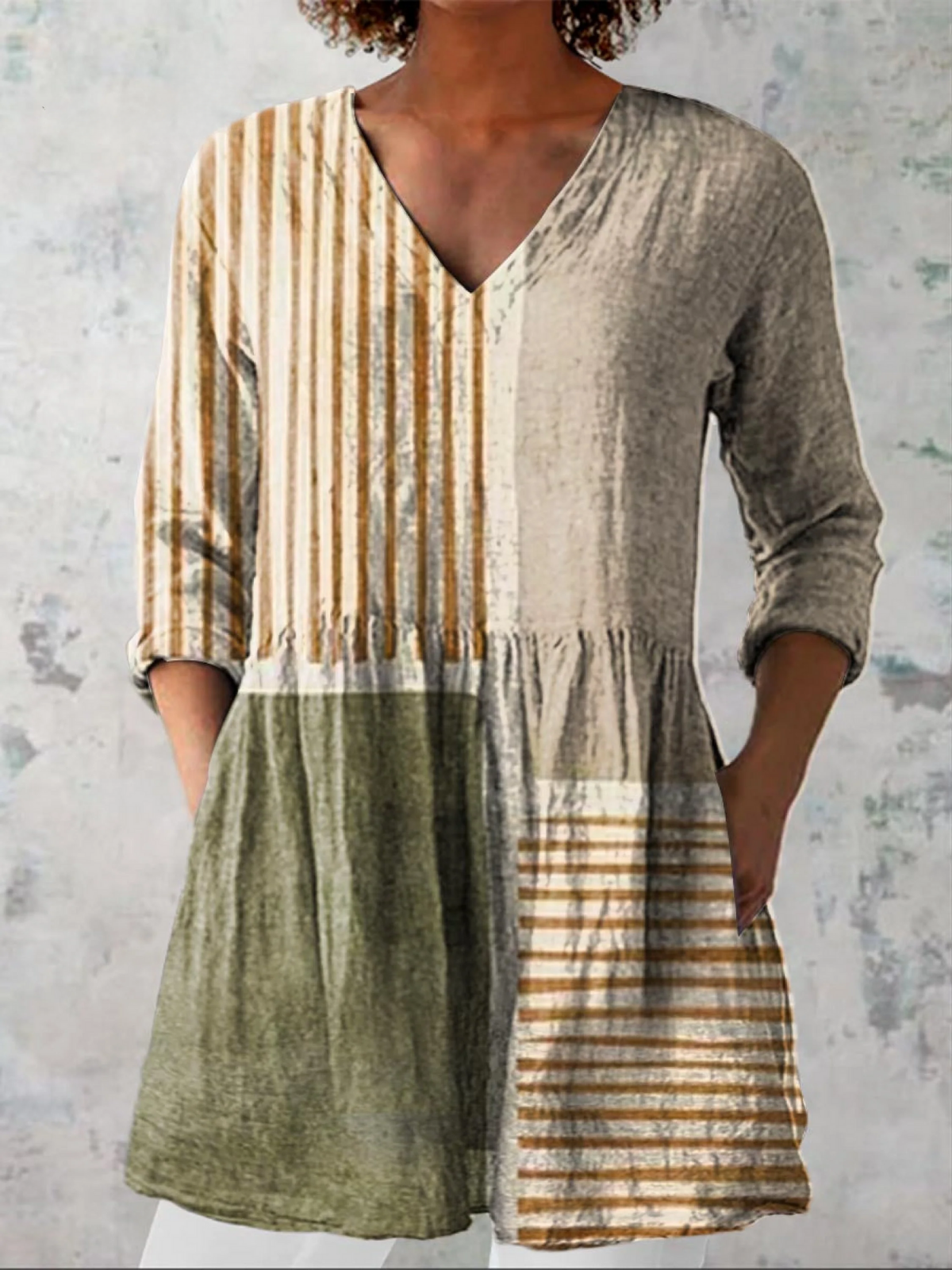 Camille neutral stripe V-neck blouse in Multicolour, front view