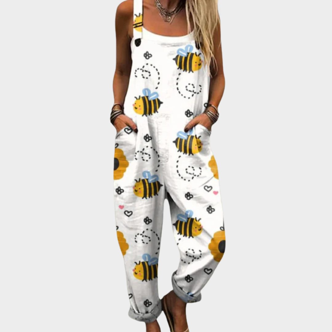 Comfortable White Bee and Sunflower Print Dungarees, front view