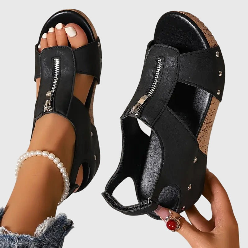 Styla orthopaedic zip sandals in Black, front view
