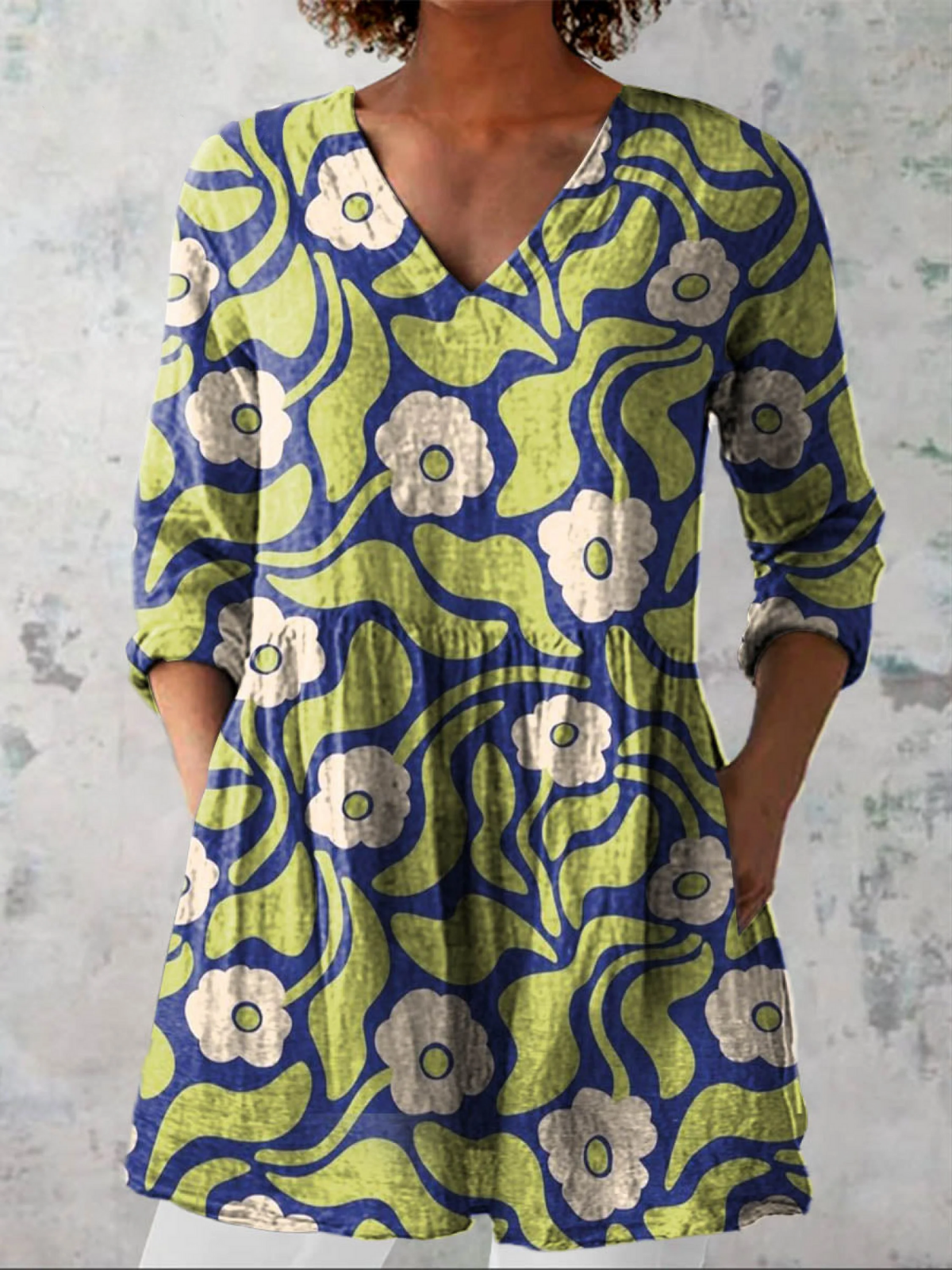 Elodie botanical print V-neck blouse in Green, front view
