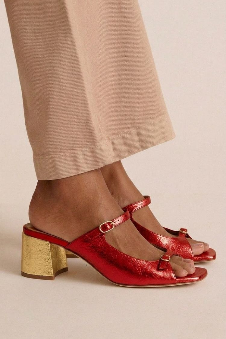 Marguerite golden mule heel sandal in Red, view 5
