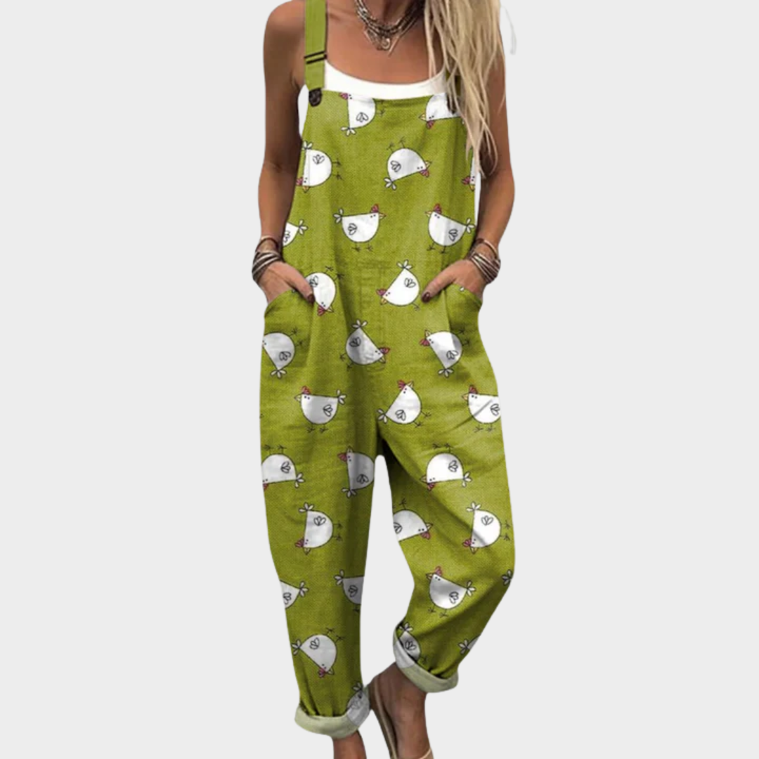 Comfortable Hen Print Dungarees in Green, front view