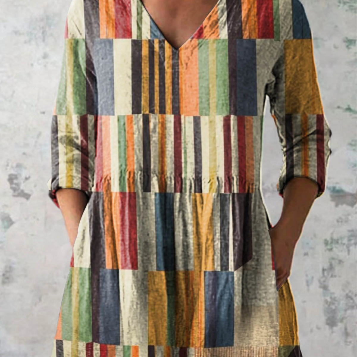 Chloe vintage patchwork V-neck blouse in Multicolour, front view