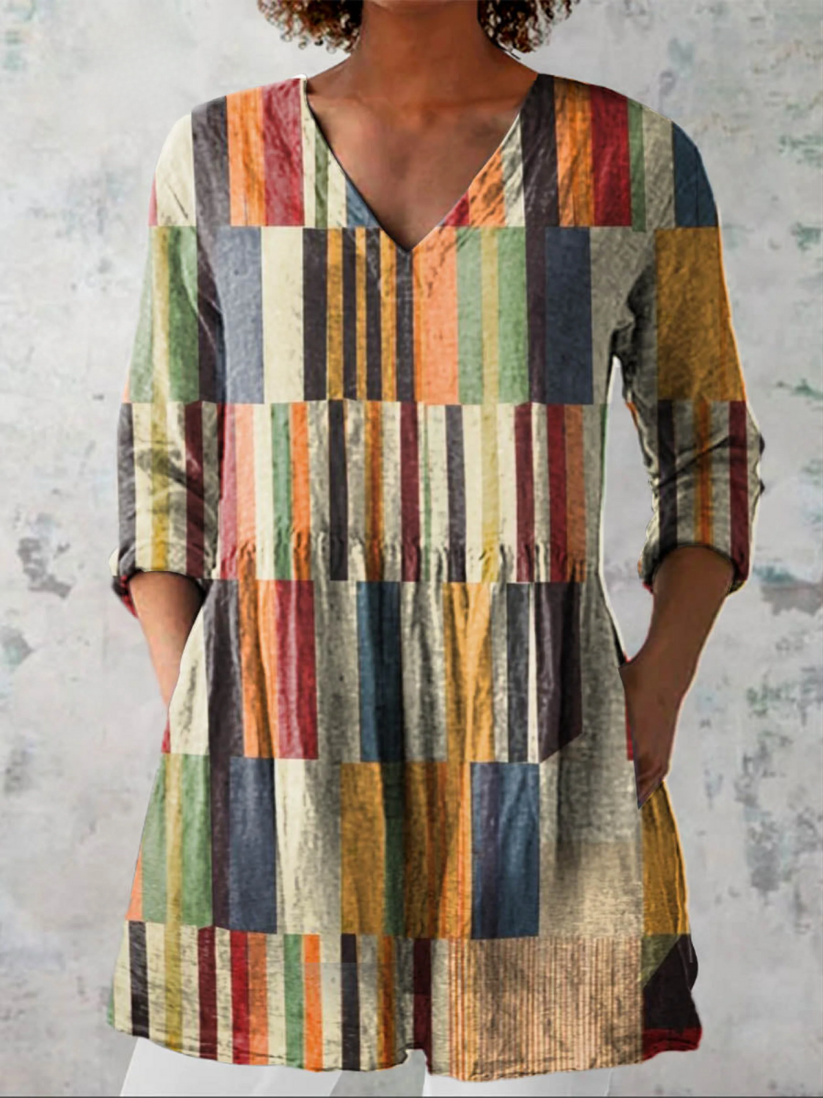 Chloe vintage patchwork V-neck blouse in Multicolour, front view
