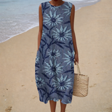 Comfortable Sleeveless Summer Dress, blue chrysanthemum print, front view