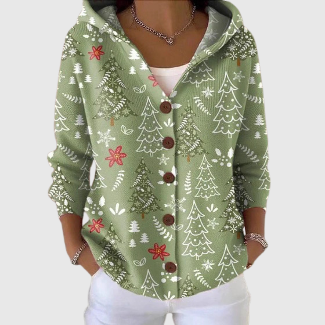 Martha green Christmas tree hooded cardigan, front view