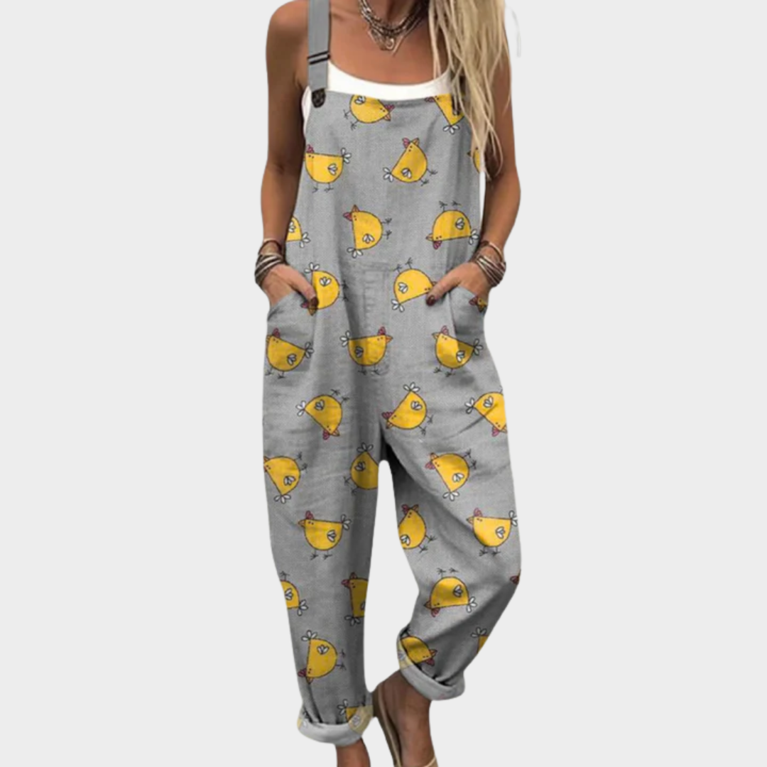 Comfortable Hen Print Dungarees in Grey, view 2