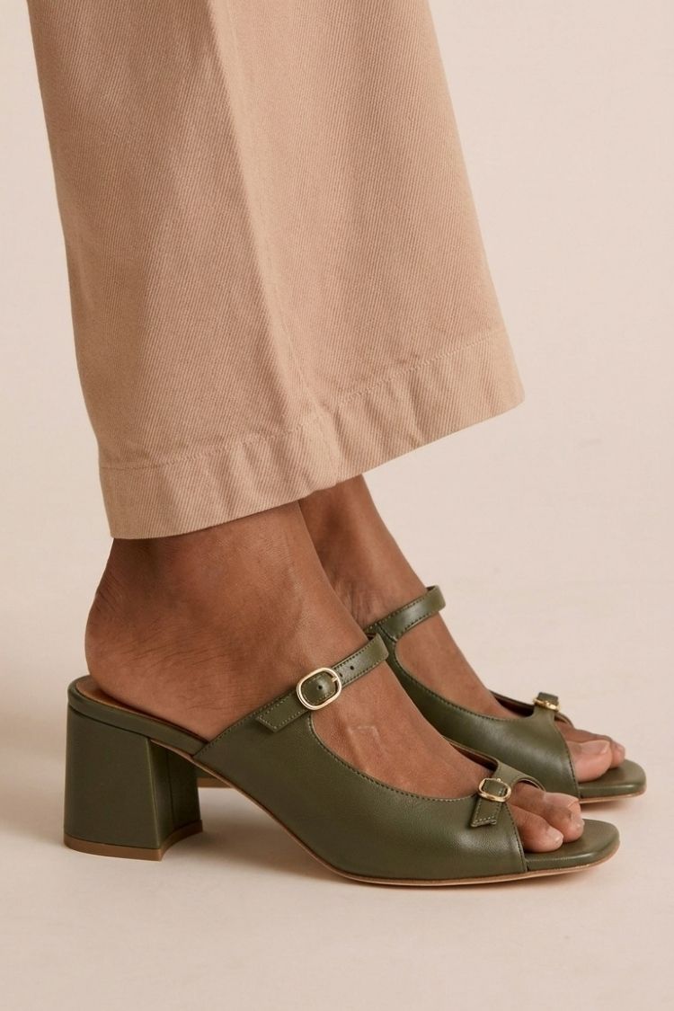Marguerite golden mule heel sandal in Military Green, view 10
