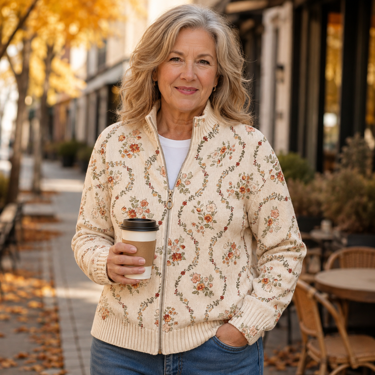 Danielle cream trailing floral zip-up cardigan, view 2