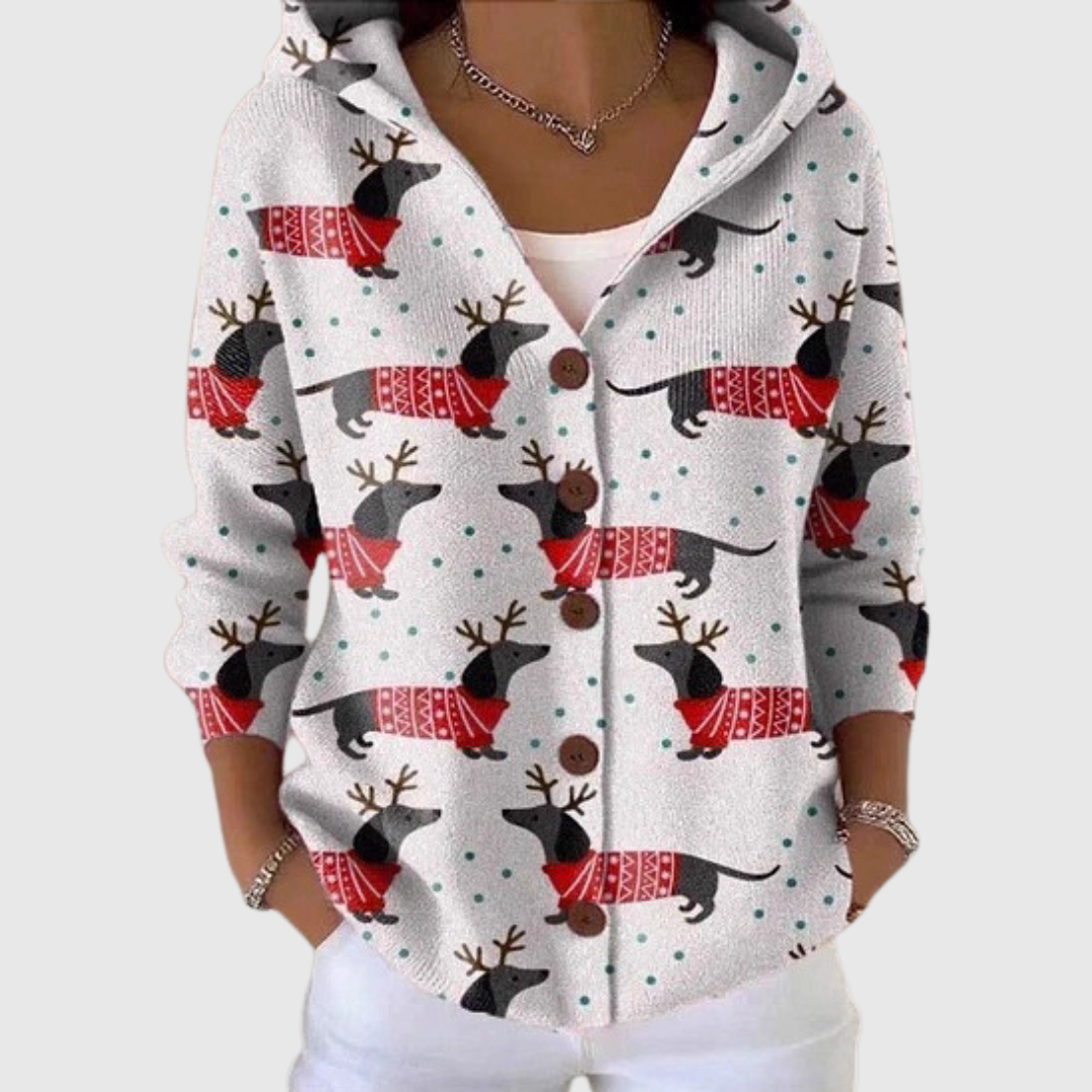 Katherine Christmas dachshund print hooded cardigan, front view