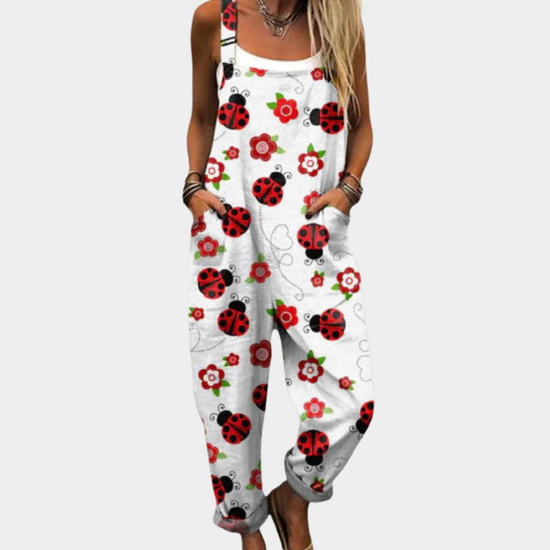 Ladybird print dungarees, front view