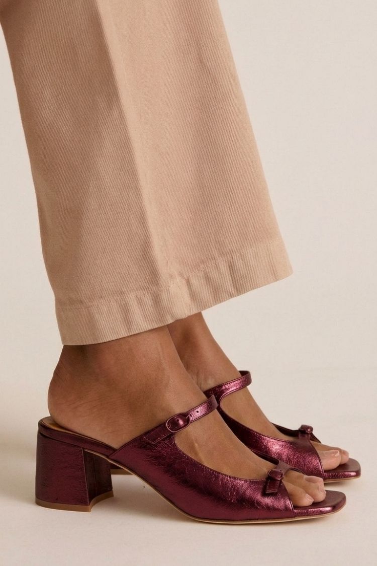 Marguerite golden mule heel sandal in Plum, view 7