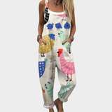 Comfortable Cream Bird Print Dungarees, front view