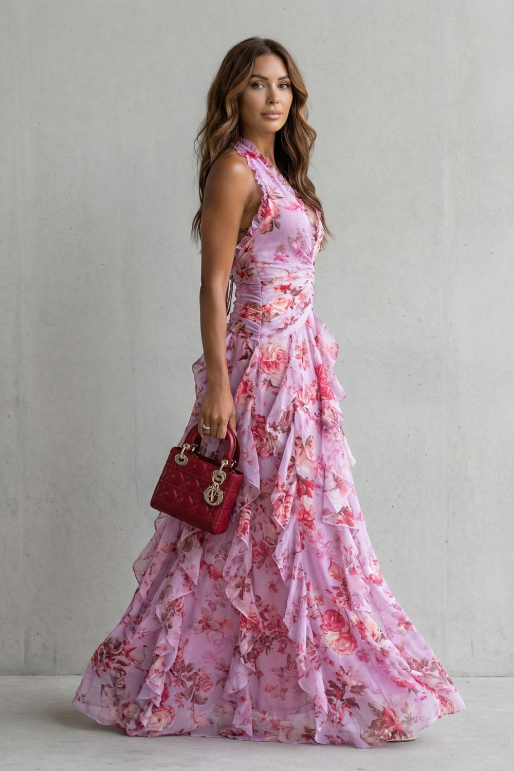 Belladina rose print halter maxi dress, view 4