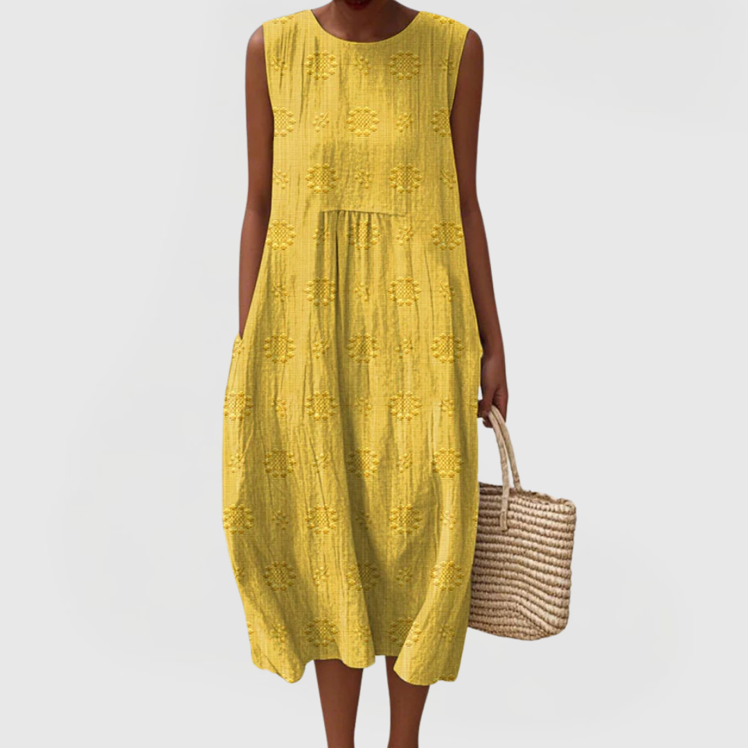 Teresa embroidered sleeveless dress with pockets in Light Yellow, view 6