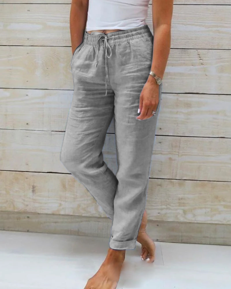 Aria cotton and linen elastic waist trousers in Grey, view 3