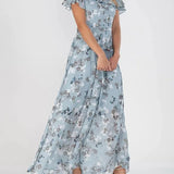 Victoria elegant floral V neck maxi dress in Blue, front view