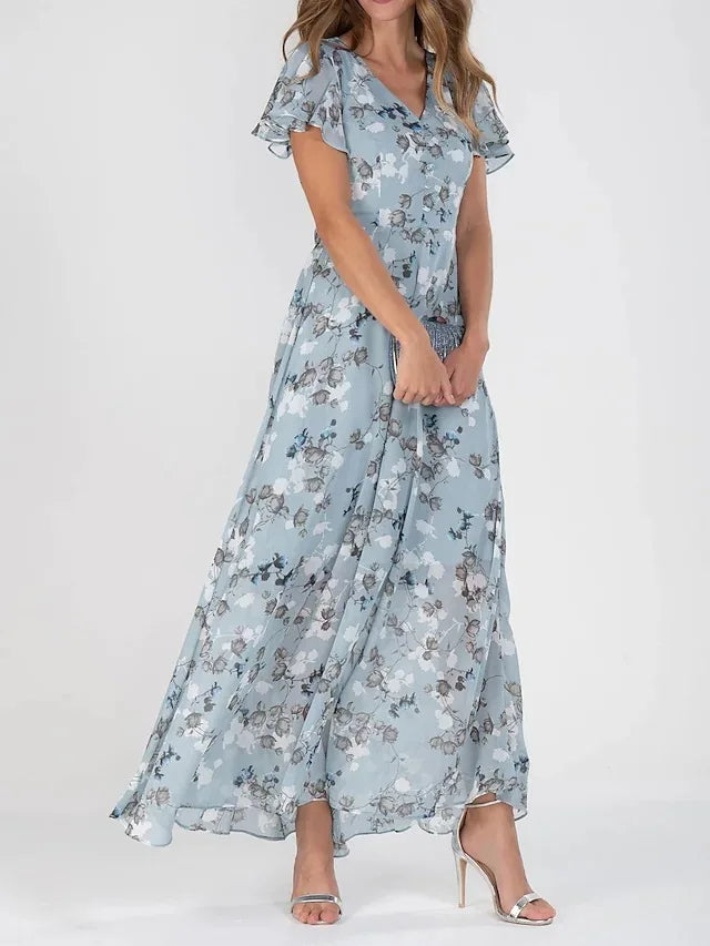 Victoria elegant floral V neck maxi dress in Blue, front view