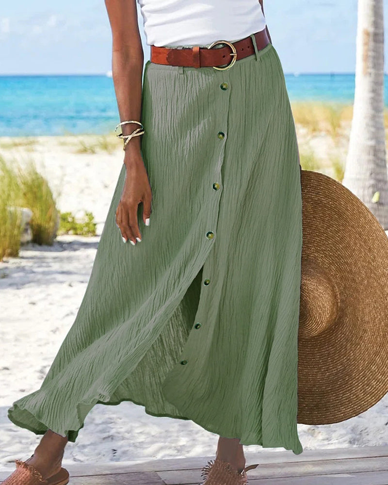 Marie button front flowing maxi skirt in Green, view 3