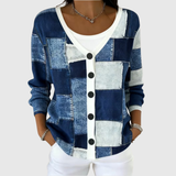 Victoria blue patchwork button-up cardigan, front view