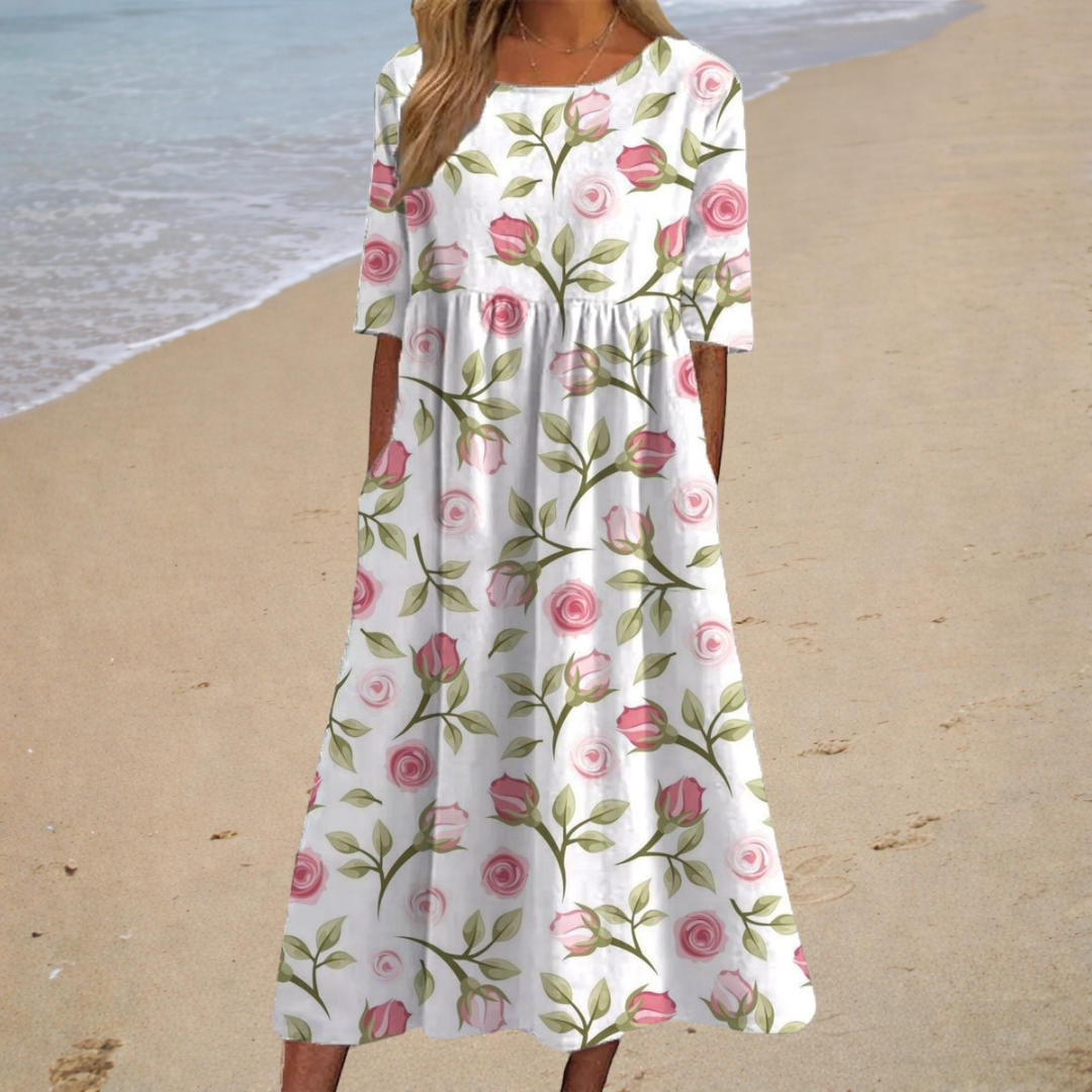 Flowy rose print long dress in White, front view