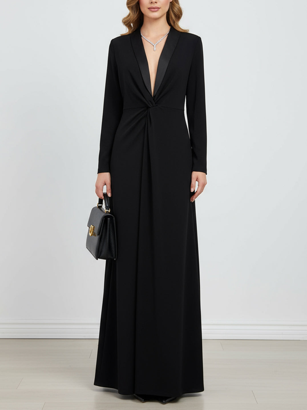 Kara deep V-neck maxi dress in Black, front view