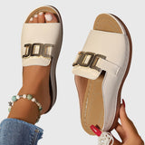 Kathryn Gold Buckle Slide Sandals in Beige, view 3
