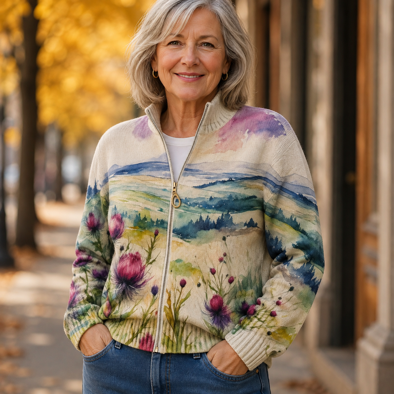 Averil Scottish thistle zip-up cardigan, view 2