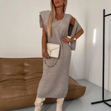 Erin knit midi dress and roll neck jumper set in Taupe, view 6