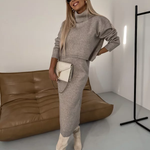 Erin knit midi dress and roll neck jumper set in Taupe, view 7